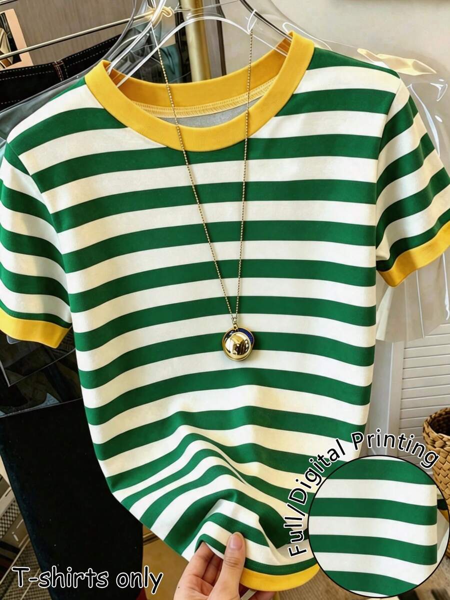 Resyla Women's Round Neck Striped Colorblock Casual Versatile Daily Short Sleeve T-Shirt - Multicolor - View 1
