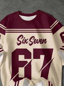 SHEIN EZwear 休閒簡約圓領短袖寬鬆女款T恤，印有數字67圖案 - 彩色 - 查看 3
