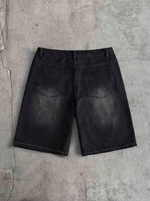 FeverCity Men's Letter Rhinestone Pattern Pocket Button Casual Versatile Daily Travel Denim Shorts - Black - View 3
