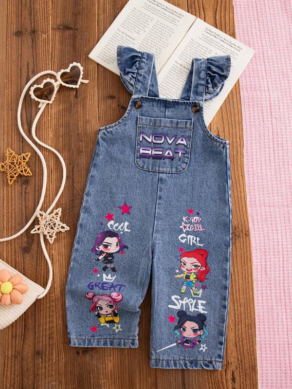 SHEIN Vintaside Kids 1件女嬰藍色牛仔休閒可愛刺繡花卉吊帶褲連身衣，適合外出與派對