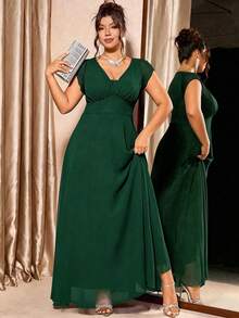 Elenzga Gaun Panjang Elegan Wanita Ukuran Besar, Leher V, Lengan Pendek, Warna Polos, Cocok untuk Pesta dan Acara Kumpul-kumpul - Dark Green - View 3