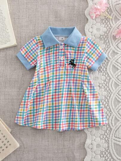 SHEIN Newborn Summer Versatile Simple Colorful Plaid Dress
