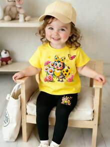 Set Kaos Pendek dan Legging Motif Kartun Lucu dan Segar untuk Bayi Perempuan, Motif Kumbang Kuning, Bunga, Hati, Kupu-kupu, dan Polkadot/Pita, Pakaian Sehari-hari - MultiWarna - View 3