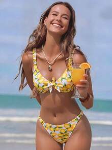 Swim Mod 春夏女款 2 件組海灘裝套裝，時尚熱帶可愛性感度假海邊泳池派對隨機印花水果檸檬白色抓皺上衣套裝 - 彩色 - 查看 3