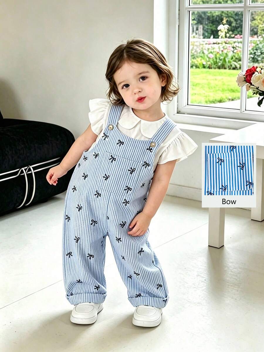 SHEIN Playful Pals 女嬰可愛直條紋滿版蝴蝶結印花前口袋休閒吊帶褲連身褲單件 - 藍色 - 查看 1
