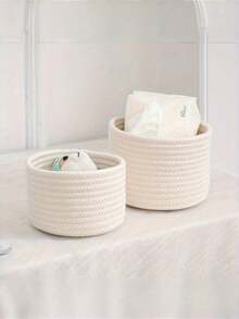 2PCS Woven Storage Baskets Set Round Braided Rope Bins Vintage Natural Home Decor Office Organization Containers For Shelves Bathroom Bedroom Living Room - Multicolor - View 8