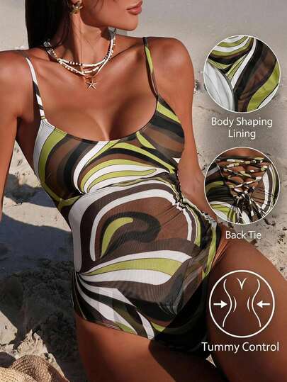 Shapewave Women's Vacation All-Over Print Casual Spaghetti Strap One-Piece Swimsuit