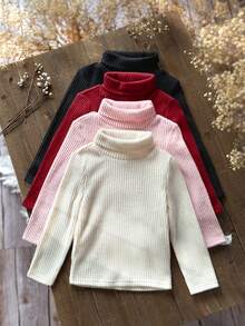 SHEIN Emery Rose Kids 4件組女童高領羅紋針織休閒T恤，高彈性翻領內搭底層T恤，女童秋季服飾，適合日常休閒穿著與外出 - 彩色 - 查看 7