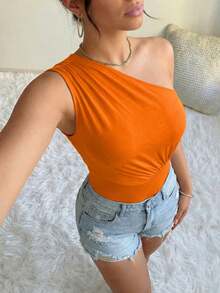SHEIN PETITE 女款純色單肩抓皺修身百搭日常穿搭上衣 - 橘色 - 查看 4