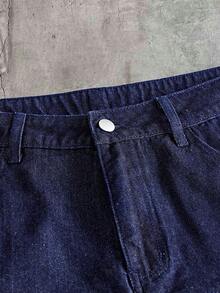 AXEPEAK Men's Washed Blue Brand Gourd Button Decor Shorts - Blue - View 4