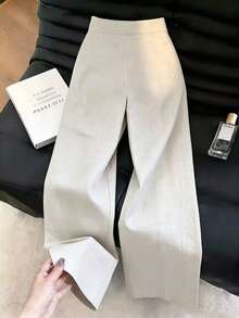 SHEIN Franclia 女款初秋側綁帶寬腿休閒長褲，高腰側綁帶設計，側邊鈕扣開衩細節，垂墜面料，寬鬆顯腿型，中式溫柔優雅風，適合日常通勤與旅行 - 灰色 - 查看 2