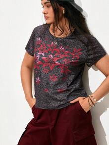 Nubod Plus Size Summer Casual Floral Print Top - Black - View 1