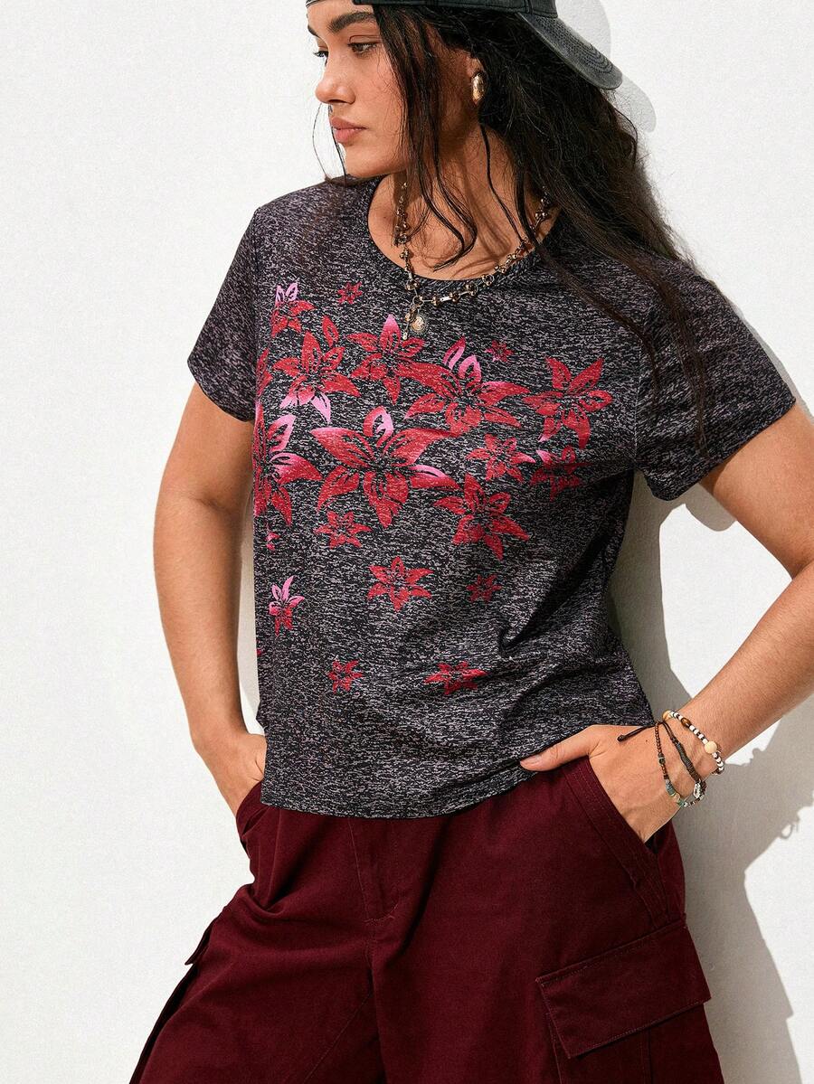 Nubod Plus Size Summer Casual Floral Print Top - Black - View 1