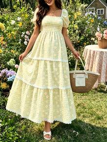 SHEIN Elegant Plaid Print Square Neck Casual Short Sleeve Maternity Dress Sage Green Summer - Yellow - View 1