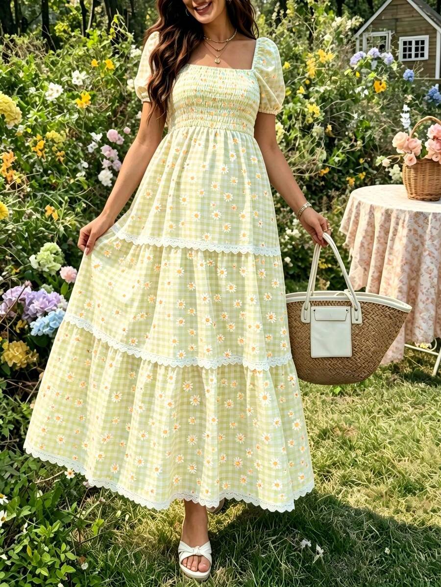 SHEIN Elegant Plaid Print Square Neck Casual Short Sleeve Maternity Dress Sage Green Summer - Yellow - View 1