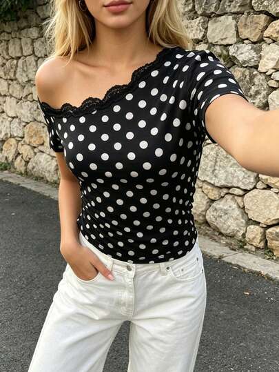 SHEIN PariChic Women's New French Vintage Polka Dot Lace Trim Short Sleeve T-Shirt, Slim Fit Flattering Versatile Summer Top