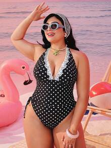 Swim Mod 女款大尺碼波點印花兩件式掛脖繫帶前襟蕾絲飾邊三角比基尼泳裝背心上衣，度假海灘適用 - 黑與白 - 查看 3