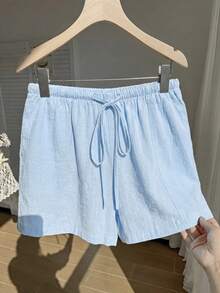 Comfortcana Plus Size Casual Loose Light Blue Drawstring Shorts, Spring/Summer Comfortable Cotton Drawstring Shorts - Baby Blue - View 7