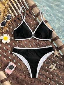 Swim Vcay Women's Summer New Black & White Contrast Ring Triangle Cup Bikini High Waist Triangle Bottom Sexy Two-Piece Swimwear For Beach, Hot Spring And Vacation - Black - View 3