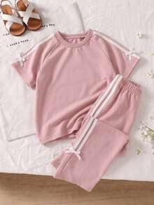 SHEIN Genkimix Kids 2pcs Young Girl Bow Ribbon Decor Casual Fashion Short Sleeve T-Shirt + Bow Ribbon Decor Casual Fashion Straight Leg Pants - Pink - View 7