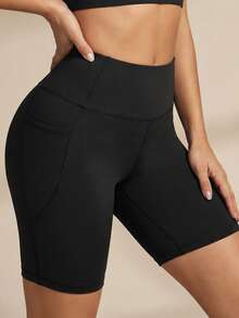 Silquee Side Phone Pocket Sports Shorts Stretchy Shorts Biker Shorts - Black - View 7