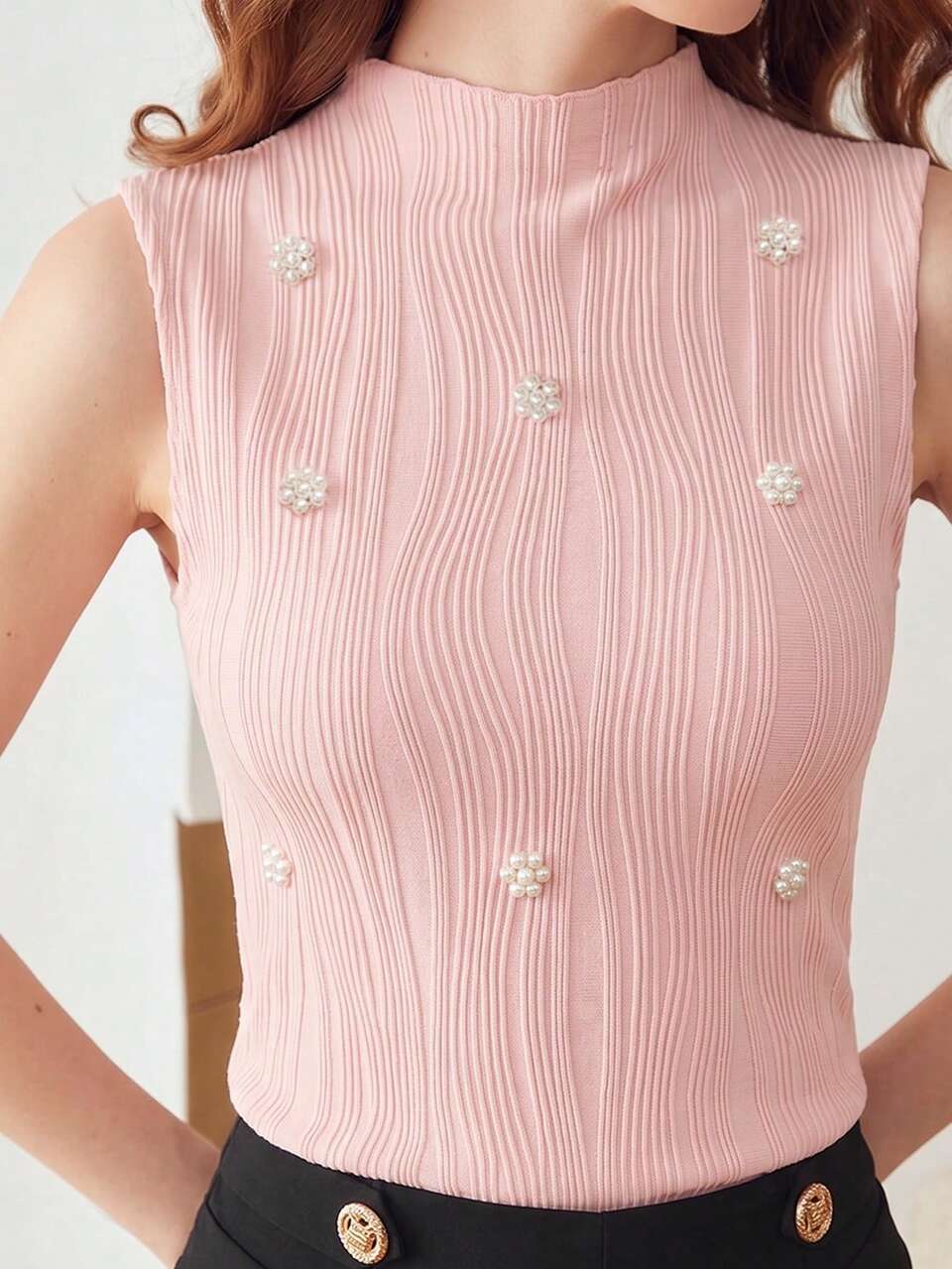 Anewsta Top sin mangas elegante de mujer con textura de punto, decoración de cuentas y color rosa, para primavera/verano