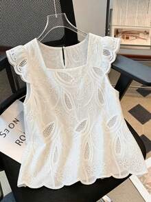 SHEIN Franclia Blouse d'été blanche élégante et romantique pour femmes, avec col carré et manches courtes, brodée - Blanc - Voir 3