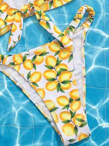 Swim Mod 春夏女款 2 件組海灘裝套裝，時尚熱帶可愛性感度假海邊泳池派對隨機印花水果檸檬白色抓皺上衣套裝 - 彩色 - 查看 5