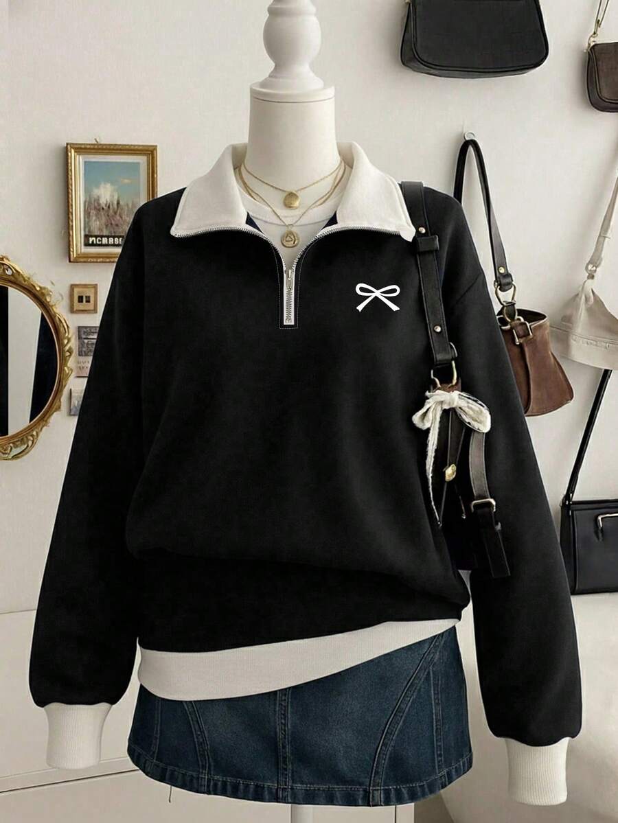 SHEIN Sparklyn 青少年女孩抓絨內裡運動衫，休閒復古蝴蝶結圖案設計，休閒針織簡約寬鬆街頭風，返校季秋冬穿搭 - 白色 - 查看 1