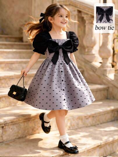 Elladie kids Girls' Summer New Style Square Neck Puff Sleeve A-Line Dress, Sweet & Cute Butterfly Print Dress, Girls' Short Sleeve Waist Cinched Princess Dress, Soft & Comfortable Fabric, Retro Denim Feel, Black Bow Decor On Chest, Black Button Decor On Front, A-Line Silhouette Flattering & Lively, Puff Sleeves Playful & Elegant, Suitable For School, Vacation, Party, Holiday Wear, Practical & Fashionable, Island Style, Beach Weekend, Summer Outfit