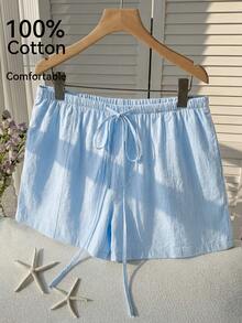 Comfortcana Plus Size Casual Loose Light Blue Drawstring Shorts, Spring/Summer Comfortable Cotton Drawstring Shorts - Baby Blue - View 5