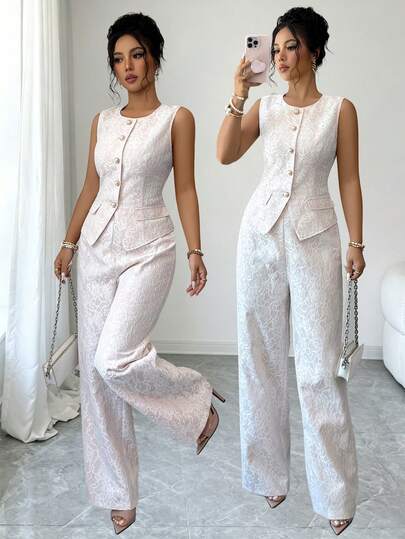 Elenzga Women's Summer New White Lace Round Neck Sleeveless Tank Top With Single Row Metal Buttons, Open Front, Cinched Waist, Small A-Line Hem, Decorative Pocket Flap, Zipper Wide Leg Long Pants, High-End Elegant Sophisticated Fashionable Daily Commute Versatile Office Romantic Minimalist Set