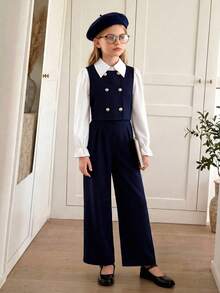 SHEIN Tween Girl's Elegant Polo Collar Shirt, Double-Breasted Vest And Trousers 3pcs Set - Navy Blue - View 2