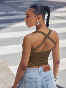 Denimoi Square Neck Criss-Cross Back Ribbed Knit Tank Top, Fashionable Daily Basic Style - Brown - View 5