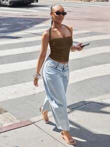 Denimoi Square Neck Criss-Cross Back Ribbed Knit Tank Top, Fashionable Daily Basic Style - Brown - View 3