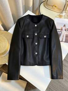 SHEIN Clasi Plus Size Women's Solid Color PU Leather Single-Breasted Casual Versatile Daily Jacket - Black - View 7