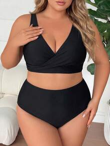 SHEIN CURVE+ 2026新款加大码两件套纯色V领上衣和高腰短裤女士夏季度假比基尼套装 - 黑色 - 查看 4