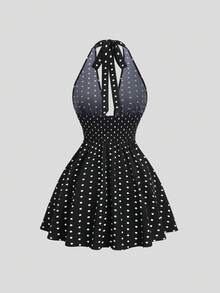 Sweetra Women's French Romantic Elegant Vintage Black Polka Dot Halter Neck Deep V-Neck Dress - Black - View 2