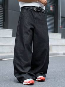 Manfinity EMRG 男士街頭風休閒刺繡黑色牛仔褲 - 黑色 - 查看 8
