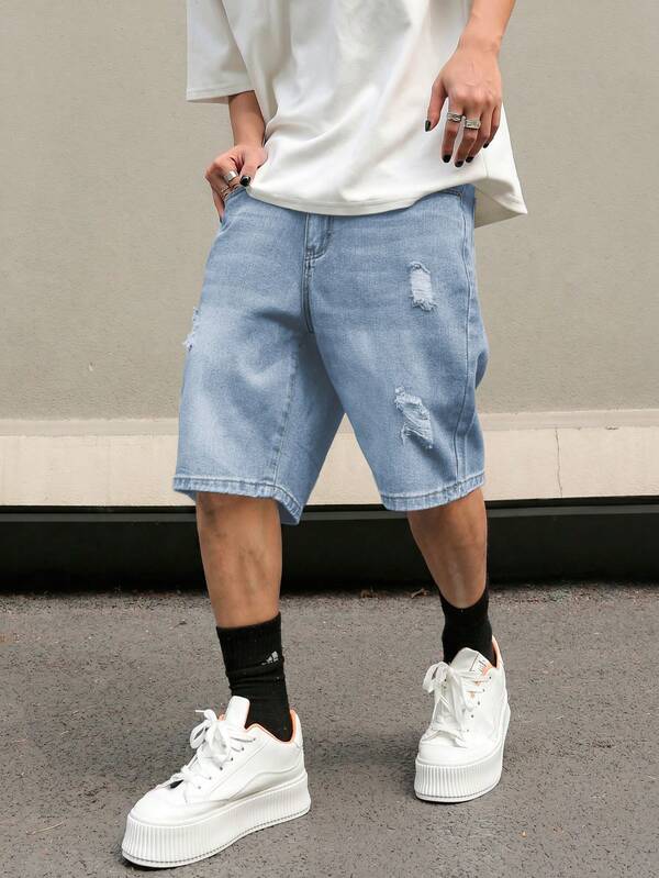 Manfinity EMRG Quần short denim rách năm túi dáng rộng cho nam Jorts
