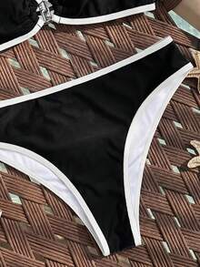 Swim Vcay Women's Summer New Black & White Contrast Ring Triangle Cup Bikini High Waist Triangle Bottom Sexy Two-Piece Swimwear For Beach, Hot Spring And Vacation - Black - View 4