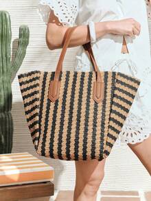 SHECARRY Bolso tote de mujer de moda de paja tejida a rayas, negro + caqui, color de contraste retro, bolso de hombro simple y ligero de gran capacidad, adecuado para compras, vacaciones de verano, viajes, playa, , combinación bohemia - Raya - Ver 1