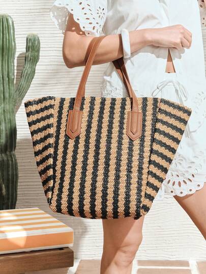 SHECARRY Tas Tote Anyaman Jerami Bergaris untuk Wanita, Warna Kontras Retro Hitam + Khaki, Tas Bahu Kapasitas Besar yang Sederhana dan Ringan, Cocok untuk Belanja, Liburan Musim Panas, Perjalanan, Pantai, Tepi Laut, dan Paduan Gaya Bohemian.