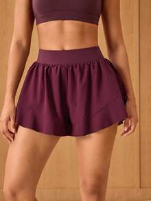 OutZeal Shorts de gimnasia para mujer, shorts deportivos de unicolor para entrenamiento y tenis con shorts incorporados, dobladillo con volantes, prendas inferiores activas para verano y primavera - Burdeos - Ver 8
