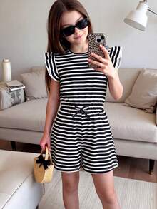 Jumpsuit Pendek Anak Perempuan Kasual Modis untuk Sehari-hari dengan Kerah Bulat, Lengan Pendek, Pinggang Tinggi, Motif Garis-garis dan Pita 3D - Hitam - View 2