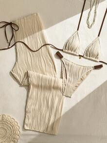 Swim Vcay 2026 Spring/Summer New Cream White Water Ripple Textured 3 Pieces Swimwear Set, Brown Rope Halter Triangle Bikini Top, High-Cut Thick Strap Triangle Bottom, Drawstring Wide Leg Long Pants, Slouchy Casual Vacation Beach Swimwear Set - Beige - View 1