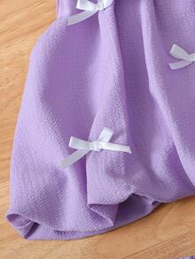 SHEIN Genkimix Kids 2件組少女 3D蝴蝶結裝飾休閒時尚彼得潘領無袖上衣 + 休閒時尚純色鬱金香短褲 - 紫色 - 查看 6