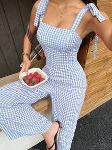 Sunnyshic Women's Plaid Bandeau Bow Tie Strap Design Waist-Cinching Slimming Summer European American Sweet Vacation Style Jumpsuit - Baby Blue - View 3