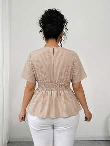 Elenzga Plus Size Women's Elegant Casual Versatile Round Neck Beige Short Sleeve Flared Blouse, Spring/Summer Office Formal - Khaki - View 2
