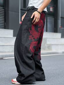 Manfinity EMRG 男士街頭風休閒刺繡黑色牛仔褲 - 黑色 - 查看 6